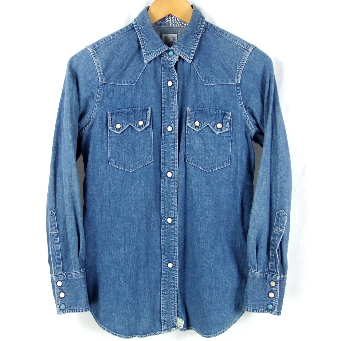 ■orSlow オアスロウ / DENIM PRODUCTS / レディース / インディゴ USED加工 / ターコイズボタン ウエスタンデニムシャツ size 1 / 日本製_画像1