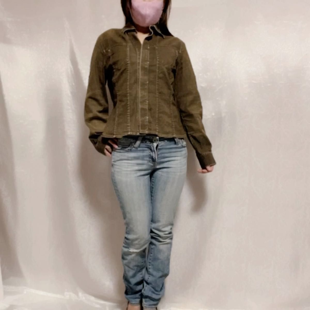 【美品】アクアスキュータム 美シルエット シャツジャケット ストレッチ入りM~L 長袖 通年