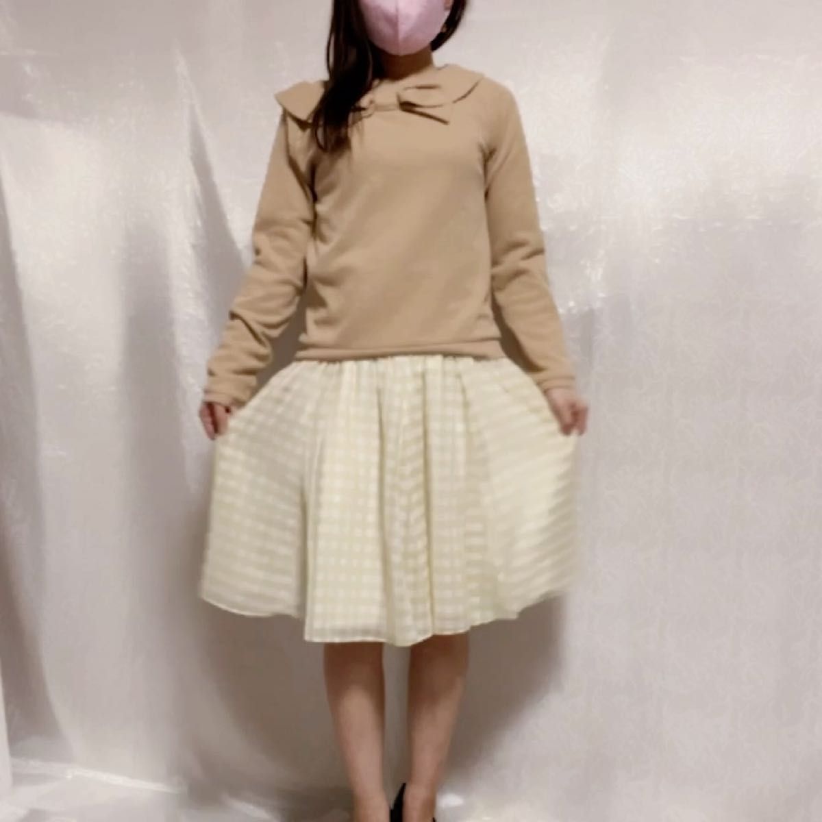Feroux フェルゥ ベージュチェック フレアスカート【極美品】 M〜L シアースカート シフォンスカート ゴムウエスト