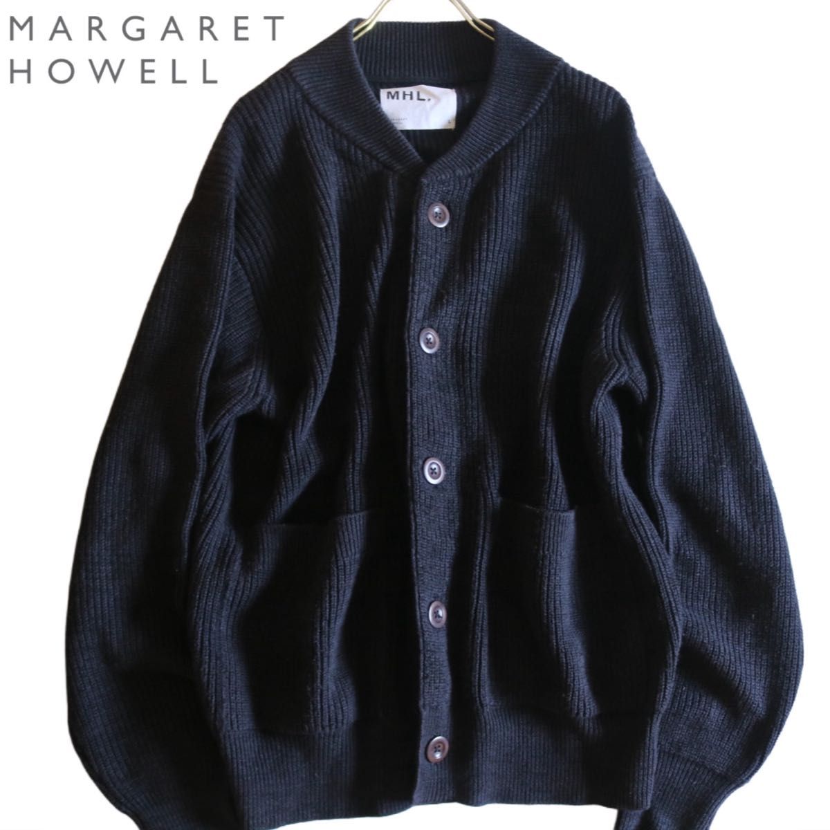 MARGARET HOWELL】肉厚ショールカラーニットカーディガン 黒 L MARGARET HOWELL】肉厚ショールカラーニットカーディガン 黒 L