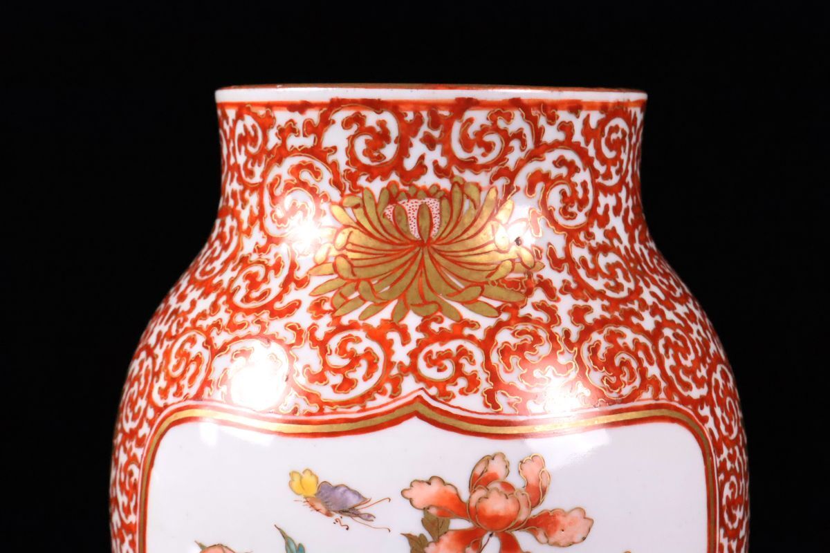 時代 九谷焼 九谷造 赤絵金彩花鳥図花瓶 花入 高さ24.5cm 時代 九谷焼 九谷造 赤絵金彩花鳥図花瓶 花入 高さ24.5cm