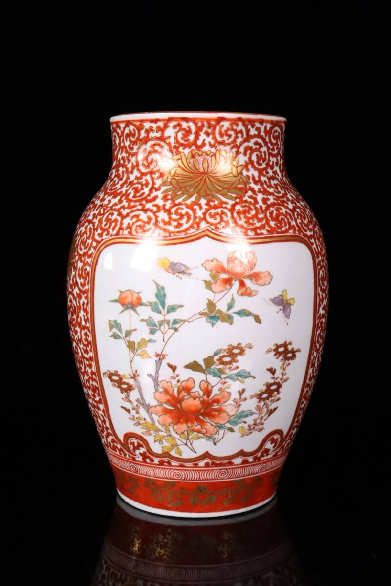 時代 九谷焼 九谷造 赤絵金彩花鳥図花瓶 花入 高さ24.5cm 時代 九谷焼 九谷造 赤絵金彩花鳥図花瓶 花入 高さ24.5cm