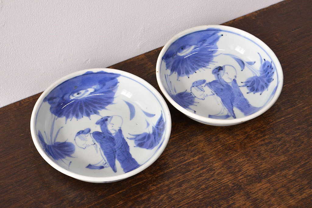 R-051998　江戸期　古伊万里　染付仙人図　なます皿2枚セット(中皿、和食器)(R-051998)