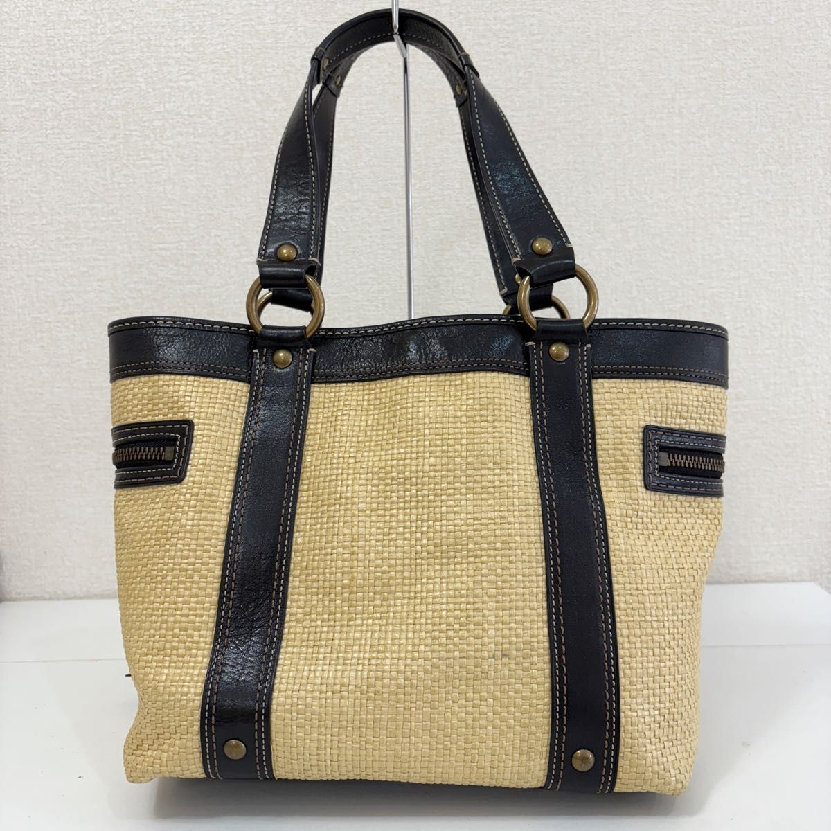 【美品】コーチ トートバッグ ストローxレザー 美品 COACH コーチ ストロー レザー カゴバッグ ハンドバッグ