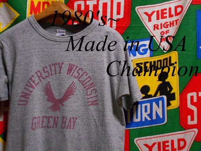 ★雰囲気◎な３列染み込みプリント★Made in USA製アメリカ製ChampionチャンピオンビンテージカレッジTシャツ80s80年代杢霜降りトリコタグM