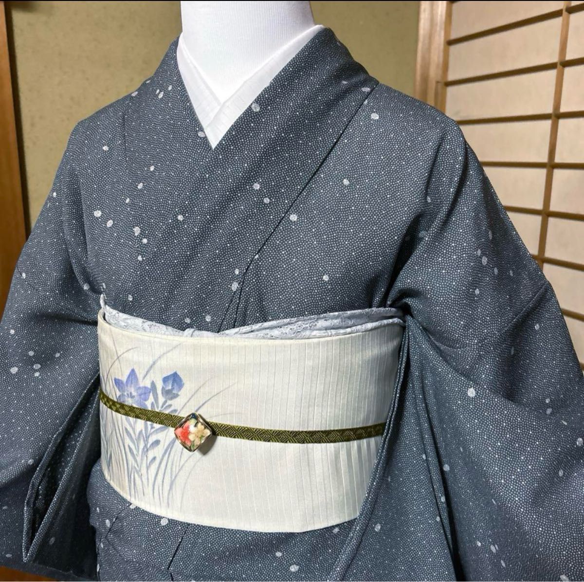 正絹絽江戸小紋フルセット4点 美品着物+絽名古屋帯+帯締め+ 正絹絽江戸小紋フルセット4点 美品着物+絽名古屋帯+帯締め+