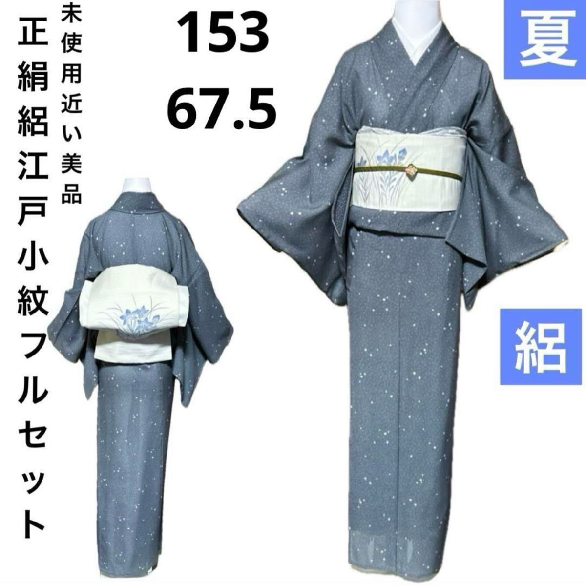 正絹絽江戸小紋フルセット4点 美品着物+絽名古屋帯+帯締め+ 正絹絽江戸小紋フルセット4点 美品着物+絽名古屋帯+帯締め+