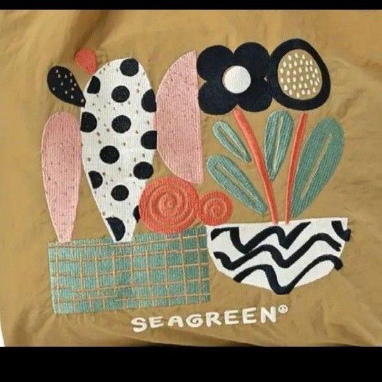 サボテン柄 植物柄 刺繍バッグ エコバッグ Мサイズ シーグリーン サボテン柄 植物柄 刺繍バッグ エコバッグ Мサイズ シーグリーン