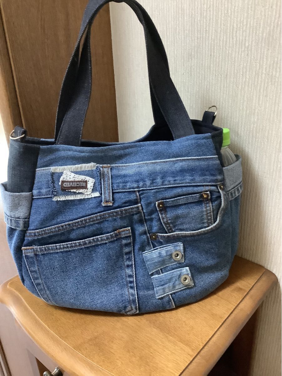 ハンドメイド Dカン付きトートバッグ リメイクデニム Lサイズ ハンドメイド Dカン付きトートバッグ リメイクデニム Lサイズ