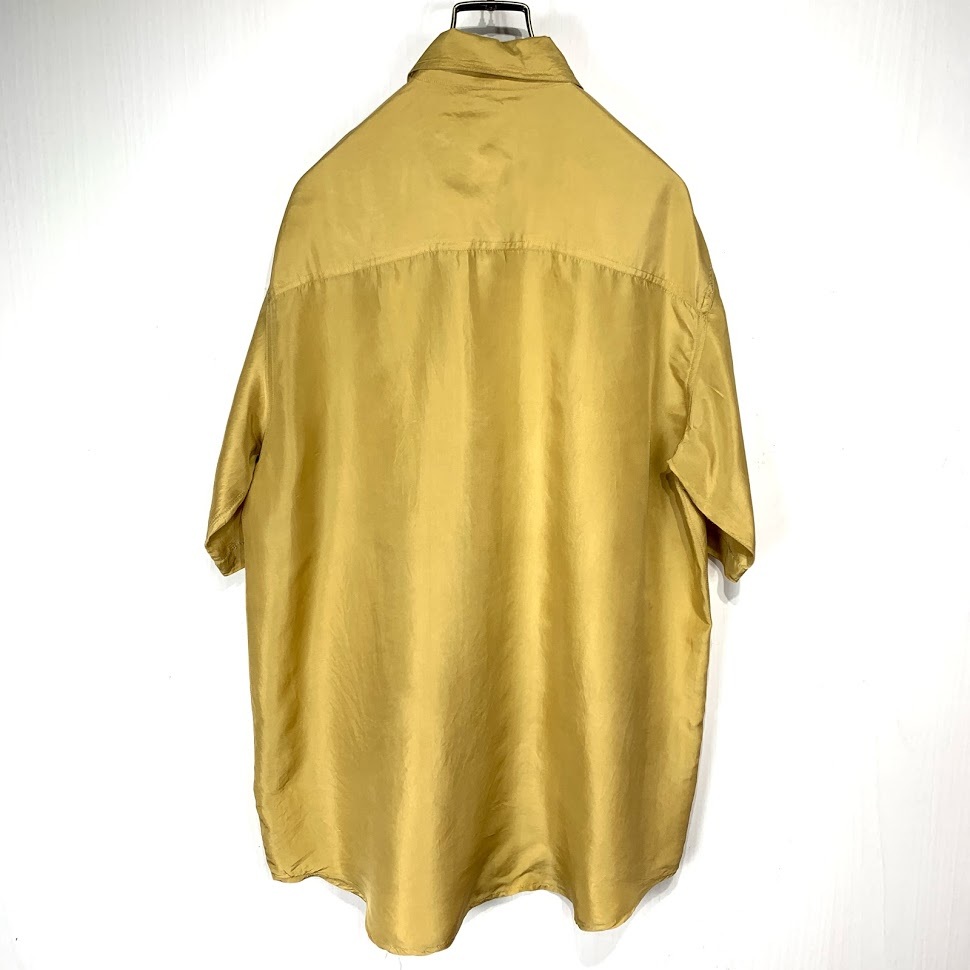 シルク 半袖 シャツ Mサイズ イエロー 黄色 ユーロ メンズ 古着 無地 シンプル 胸ポケット 絹_画像3