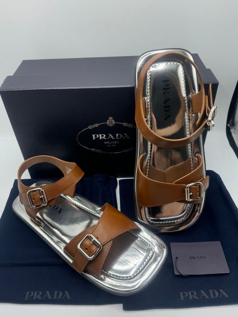 新品 PRADA プラダ サンダル レザー ストラップ ブラウン 新品 PRADA プラダ サンダル レザー ストラップ ブラウン