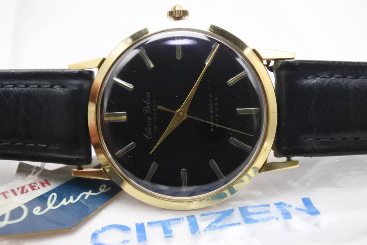 当時日本一薄型国産最高級機種＊１９５０年代頃製CITIZEN DELUXE 19石　PARA SHOCK PHYNOX　手巻紳士腕時計　お洒落黒文字盤　奇跡未使用品_画像2