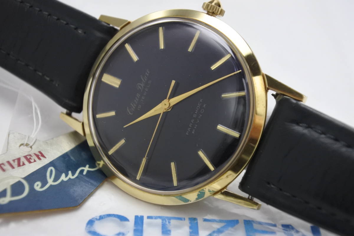 当時日本一薄型国産最高級機種＊１９５０年代頃製CITIZEN DELUXE 19石　PARA SHOCK PHYNOX　手巻紳士腕時計　お洒落黒文字盤　奇跡未使用品_画像1