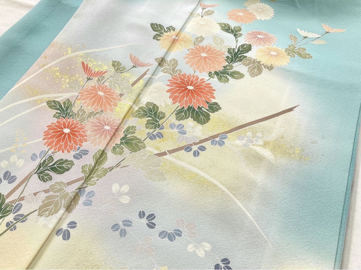 作家物 手描き友禅 訪問着 花柄 袷 正絹 黄緑 ティファニー 作家物 手描き友禅 訪問着 花柄 袷 正絹 黄緑 ティファニー