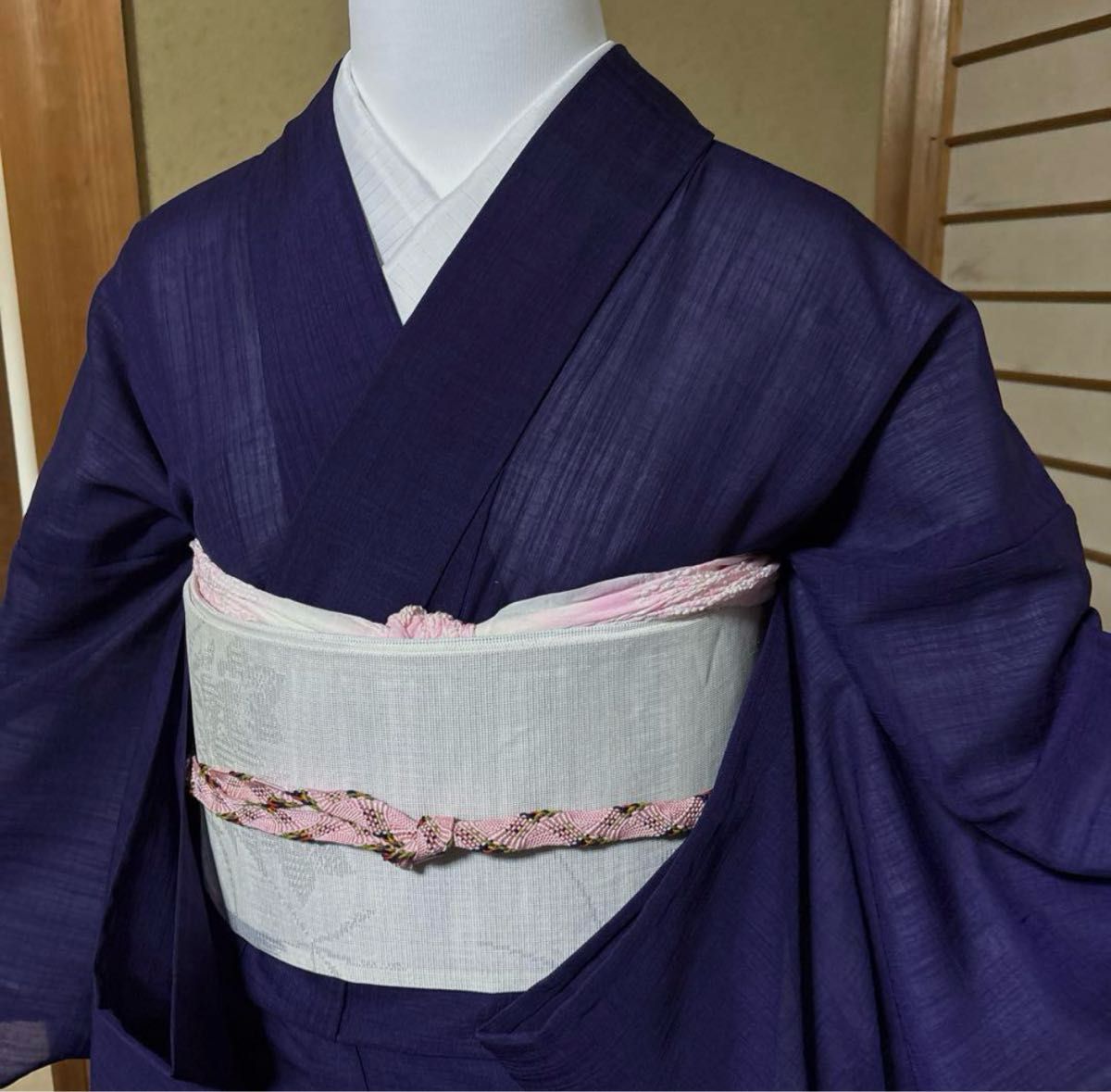 高級化繊紗紬風色無地フルセット4点 美品着物+正絹絽夏帯+夏 高級化繊紗紬風色無地フルセット4点 美品着物+正絹絽夏帯+夏