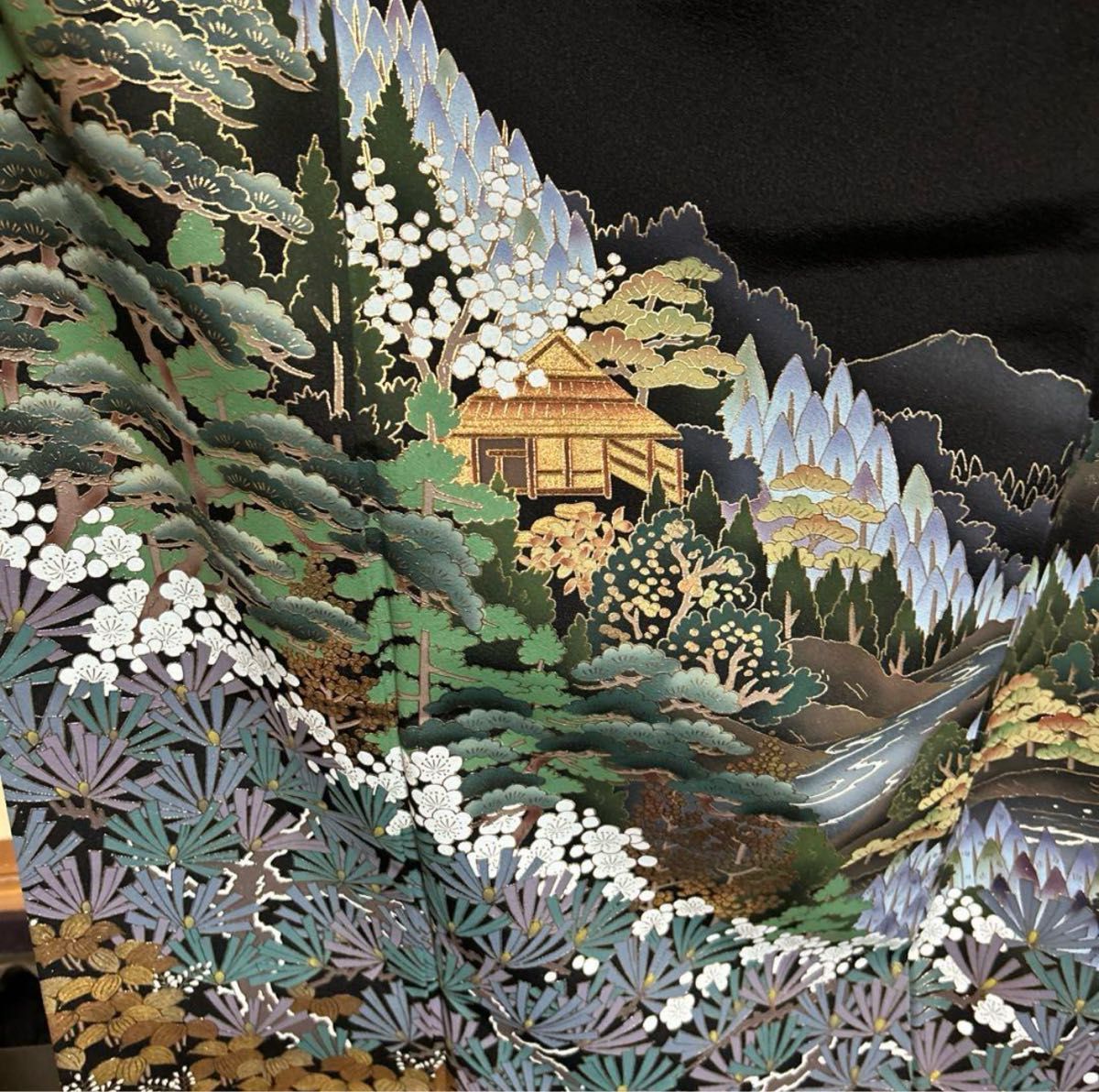 正絹作家5つ紋友禅黒留袖フルセット5点 美品着物+帯+帯締め+ 正絹作家5つ紋友禅黒留袖フルセット5点 美品着物+帯+帯締め+