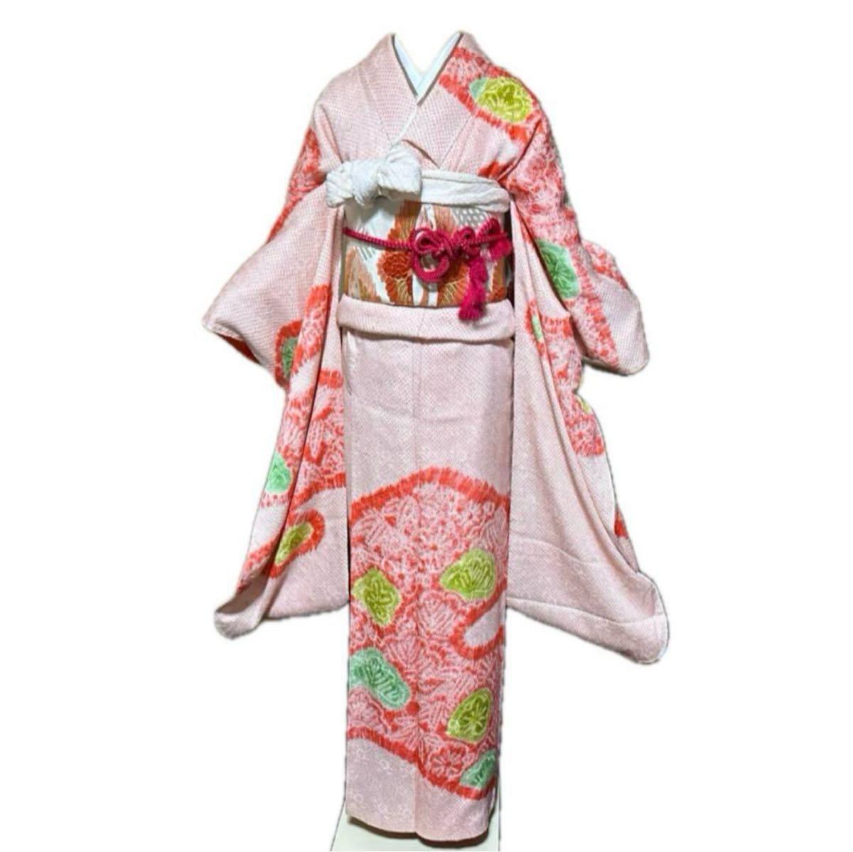 正絹総絞り振袖フルセット5点 着物+美品袋帯+帯締め+帯揚げ+伊達 正絹総絞り振袖フルセット5点 着物+美品袋帯+帯締め+帯揚げ+伊達