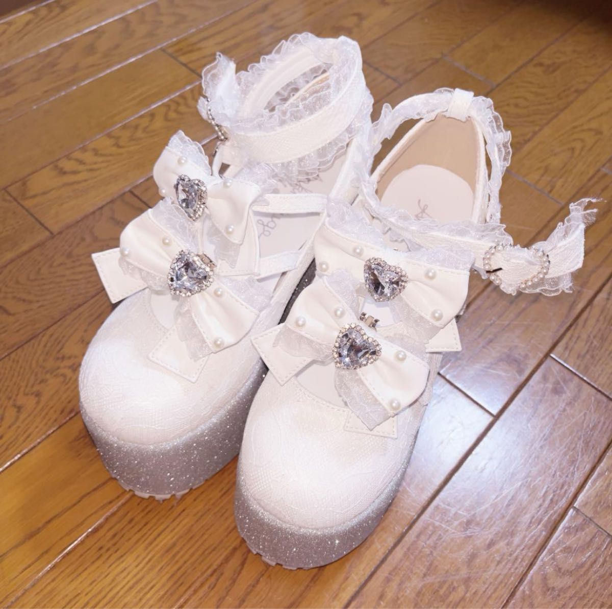 Ank Rouge アンクルージュ レース×合皮厚底シューズ ホワイト L Ank Rouge アンクルージュ レース×合皮厚底シューズ ホワイト L