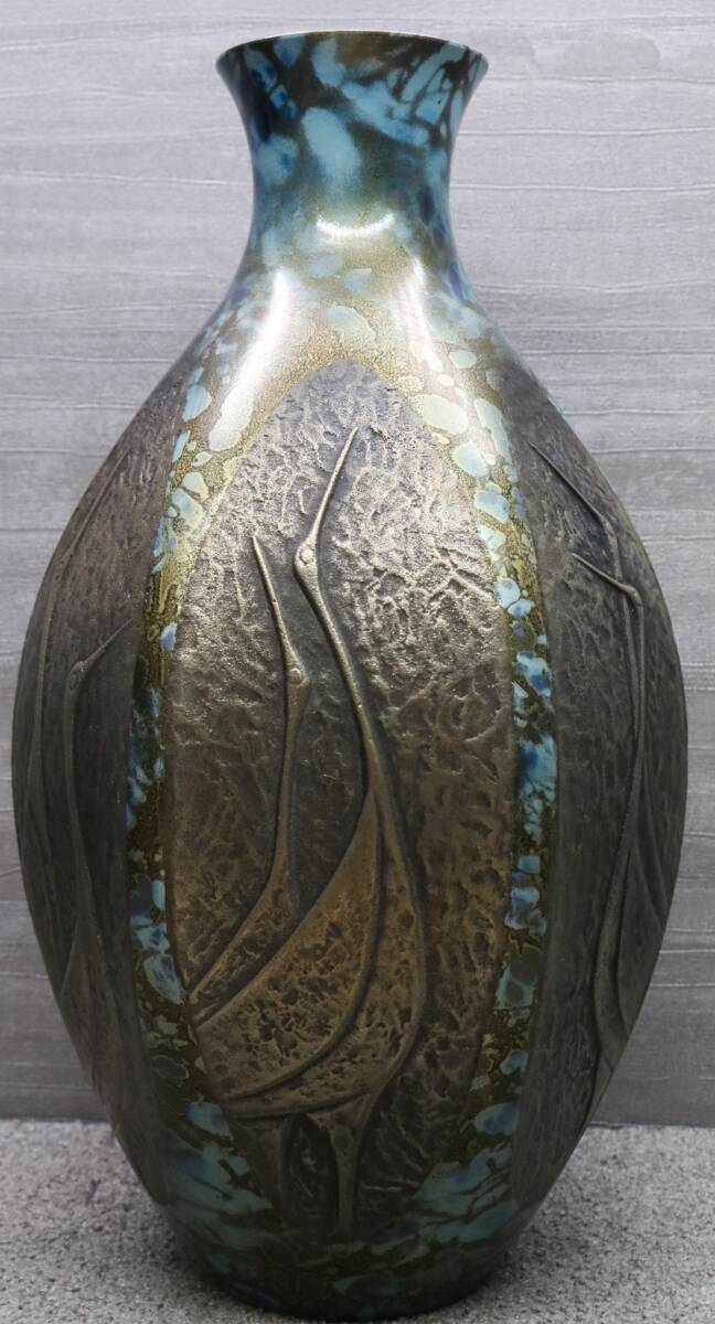 勝峰 作 高岡銅器 銅製花瓶 六角ダルマ鶴地紋 花入れ 花器(花器 勝峰 作 高岡銅器 銅製花瓶 六角ダルマ鶴地紋 花入れ 花器(花器