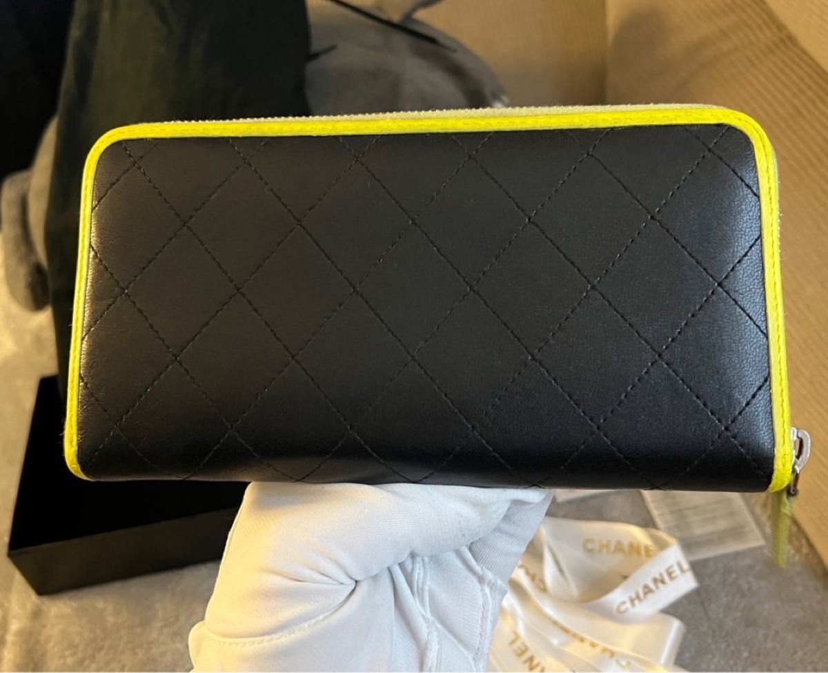 正規品 シャネル ラウンドファスナー長財布 マトラッセ 黒 黄緑 正規品 シャネル ラウンドファスナー長財布 マトラッセ 黒 黄緑