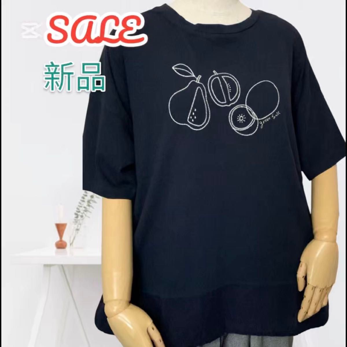 新品 超激安 ロンT風 2way チュニック フルーツ 刺繍 カットソー Tシャツ チュニック 半袖 裾ひも付き ネイビー