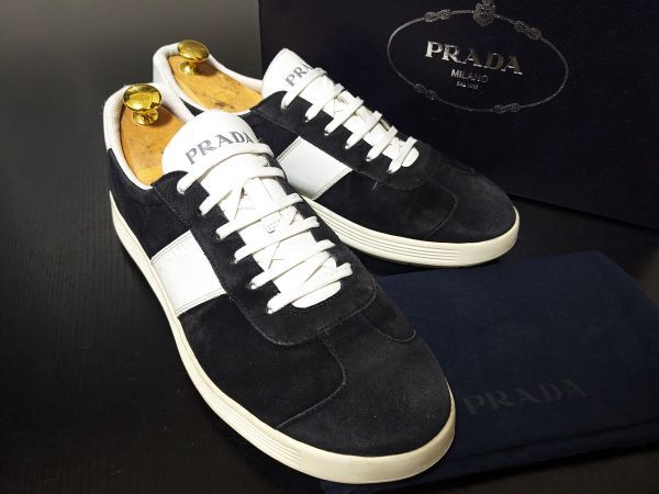 プラダ 8.5 PRADA コンビレザースニーカー 白×黒 箱付 138(男性 プラダ 8.5 PRADA コンビレザースニーカー 白×黒 箱付 138(男性