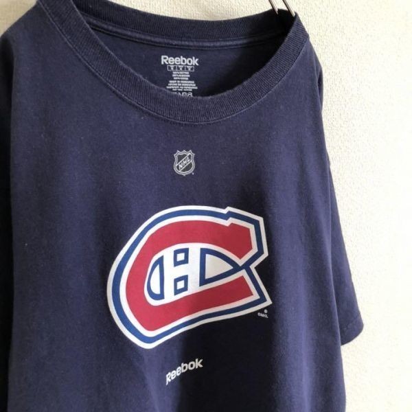 【NHL】リーボック 半袖Tシャツ ビッグロゴ ネイビーブルー Mサイズ モントリオール・カナディアンズ Reebok Montreal Canadiens