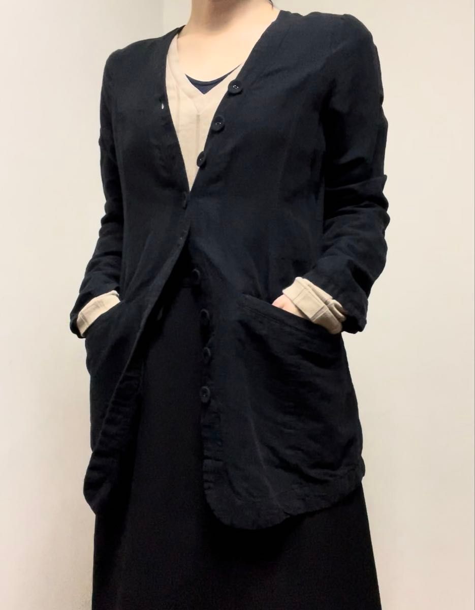 P00259 リネン ボタンデザインデザイン ジャケット シャツ ノーカラー ブラック