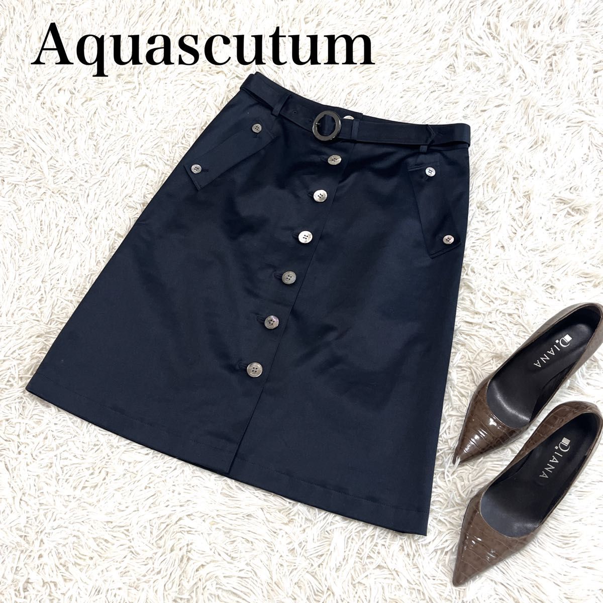 美品】Aquascutum アクアスキュータム 膝丈スカート Mサイズ 美品】Aquascutum アクアスキュータム 膝丈スカート Mサイズ