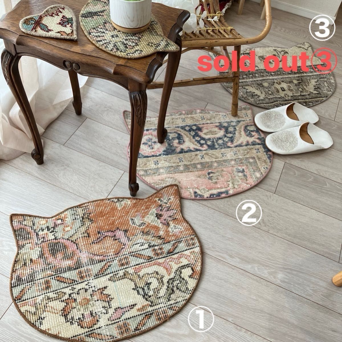②猫型ラグ 50×39 ペールピンク くすみブルー トルコ ②猫型ラグ 50×39 ペールピンク くすみブルー トルコ