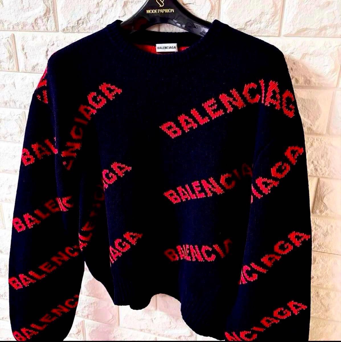 超美品】BALENCIAGA・ジャガードロゴニットセーター・ネイビー 超美品】BALENCIAGA・ジャガードロゴニットセーター・ネイビー