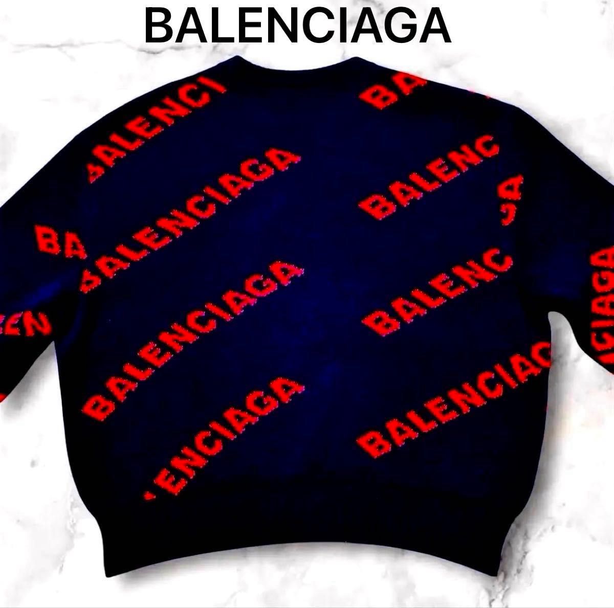 超美品】BALENCIAGA・ジャガードロゴニットセーター・ネイビー 超美品】BALENCIAGA・ジャガードロゴニットセーター・ネイビー