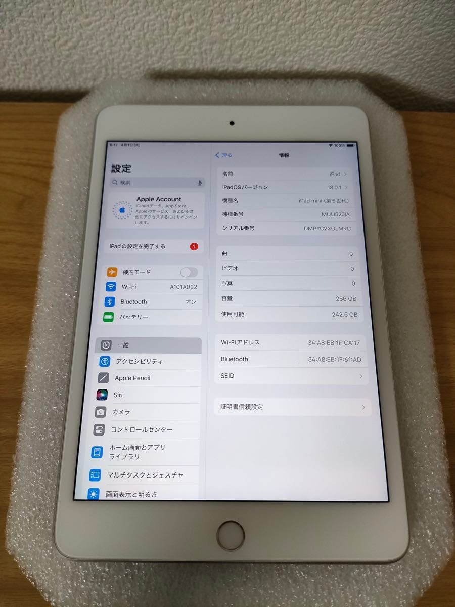 iPad mini 第5世代 Wi-Fi 256GB シルバー MUU52J/A A2133 動作 iPad mini 第5世代 Wi-Fi 256GB シルバー MUU52J/A A2133 動作