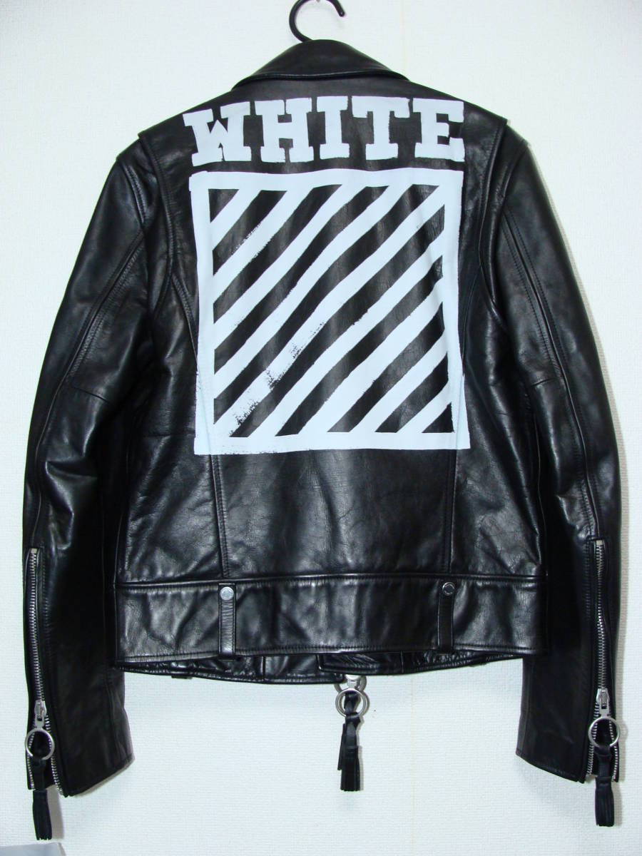 OFF-WHITE オフホワイト ◇ カウ カーフ レザー 牛 皮 革 ダブル ライダース ジャケット ◇ バック バイアス プリント_画像1