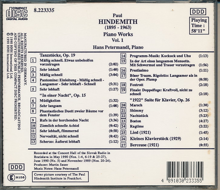 Paul Hindemith（パウル・ヒンデミット） Piano Works（ピアノ作品集） Vol.1 Hans  Petermandl（ハンス・ペーターマンデル）
