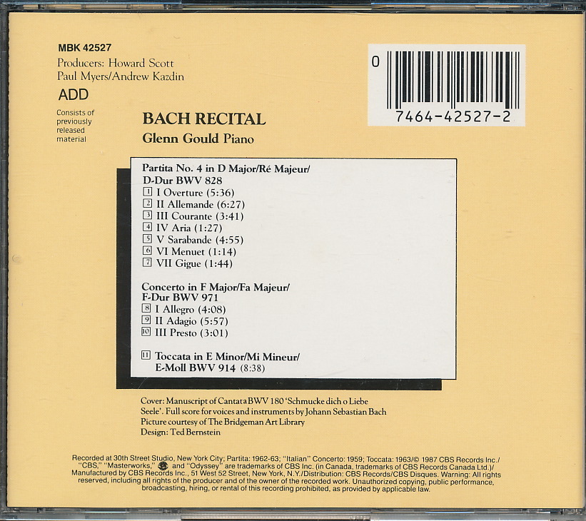 グレン・グールド GOULD 「BACH RECITAL」　バッハ：イタリア協奏曲 BWV 971、パルティータ第4番 BWV 828、トッカータ BWV 914_画像2