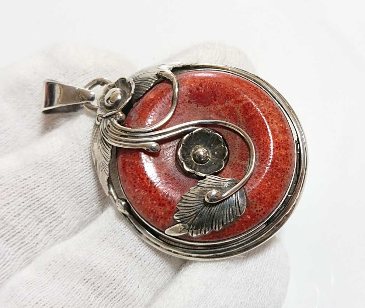 4530 SILVER925 red coral top silver 925 made .. Indian jewelry Navajo navajo Old record round . color red series 