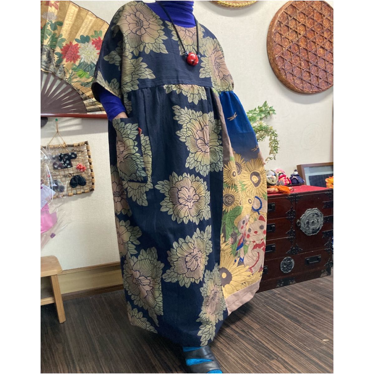 浴衣(花柄)と猫柄の柿渋染めワンピース 浴衣リメイク|Yahoo 浴衣(花柄)と猫柄の柿渋染めワンピース 浴衣リメイク|Yahoo