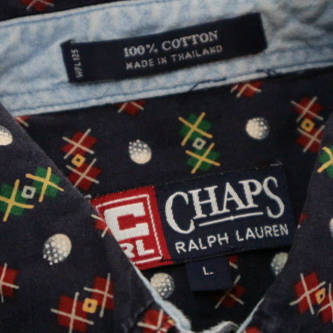 美品 CHAPS Ralph Lauren 総柄 半袖 ボタンダウンシャツ L ネイビー コットン チャプス ポロ ラルフローレン_画像5