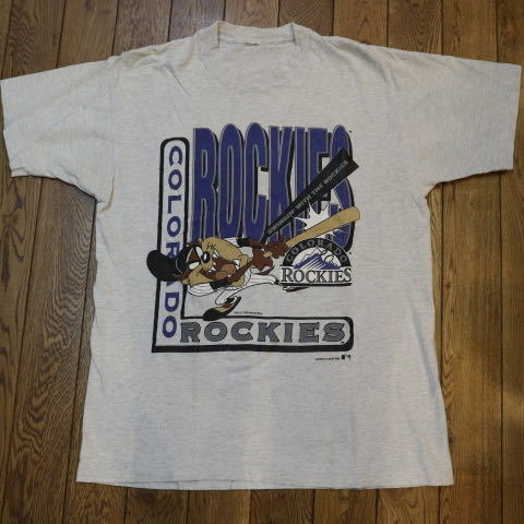 90s Looney Tunes TAZ MLB ROCKIES Tシャツ グレー ルーニーテューンズ タズ ワーナーブラザーズ メジャー コラボ キャラクター_画像1
