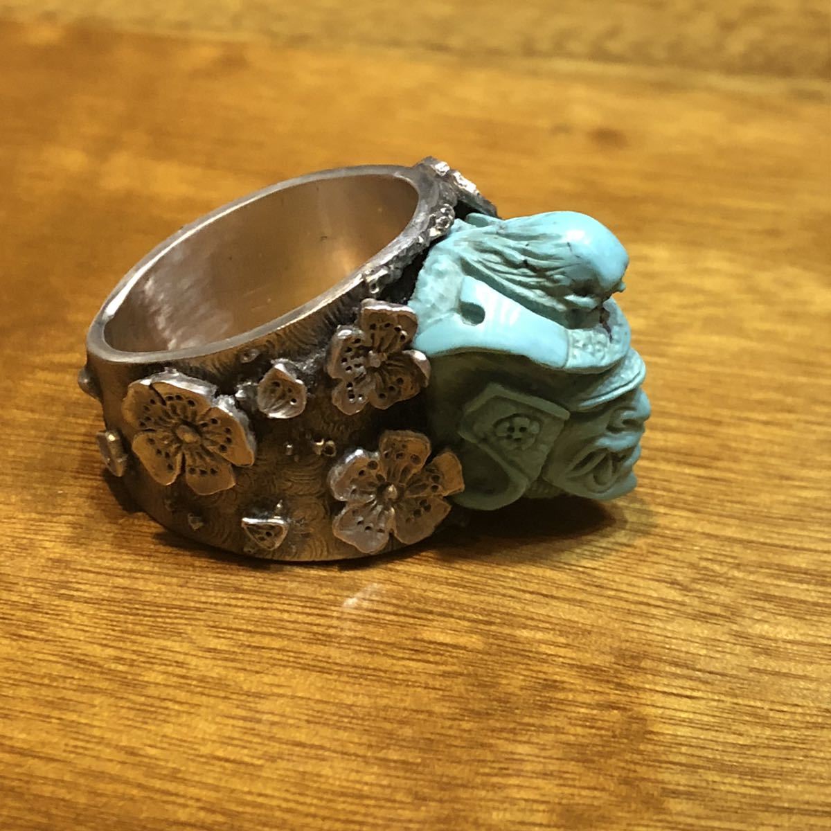 *..CARVEX* hand carving one point thing skill Skull ring samurai .. Sakura 23 number sculpture expert arm guard kote san work original silver silver + turquoise hand made engraving .. skeleton 