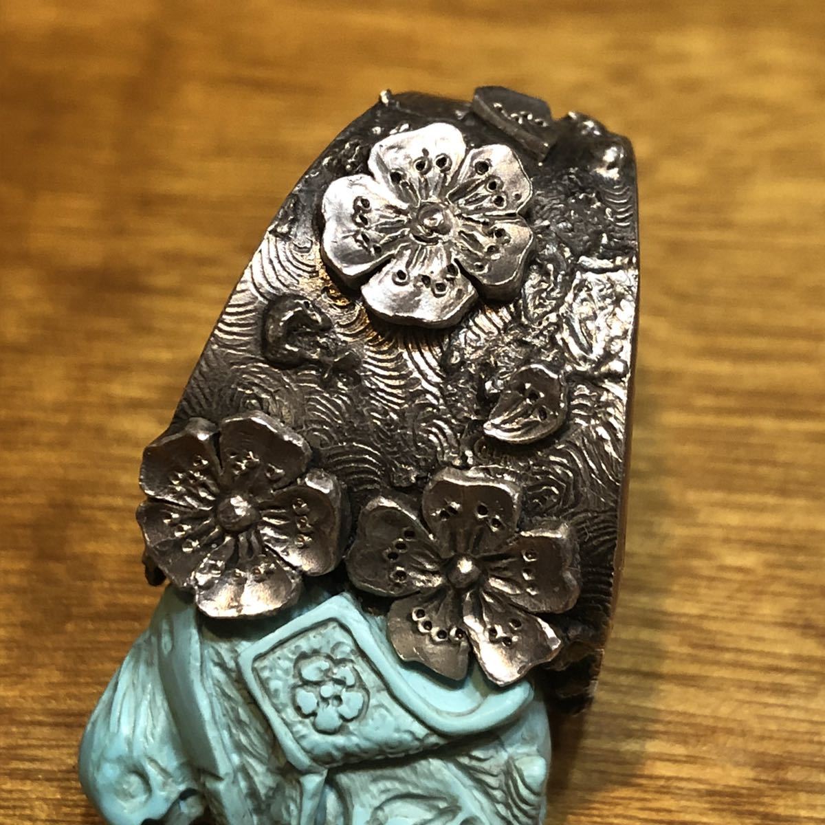 *..CARVEX* hand carving one point thing skill Skull ring samurai .. Sakura 23 number sculpture expert arm guard kote san work original silver silver + turquoise hand made engraving .. skeleton 