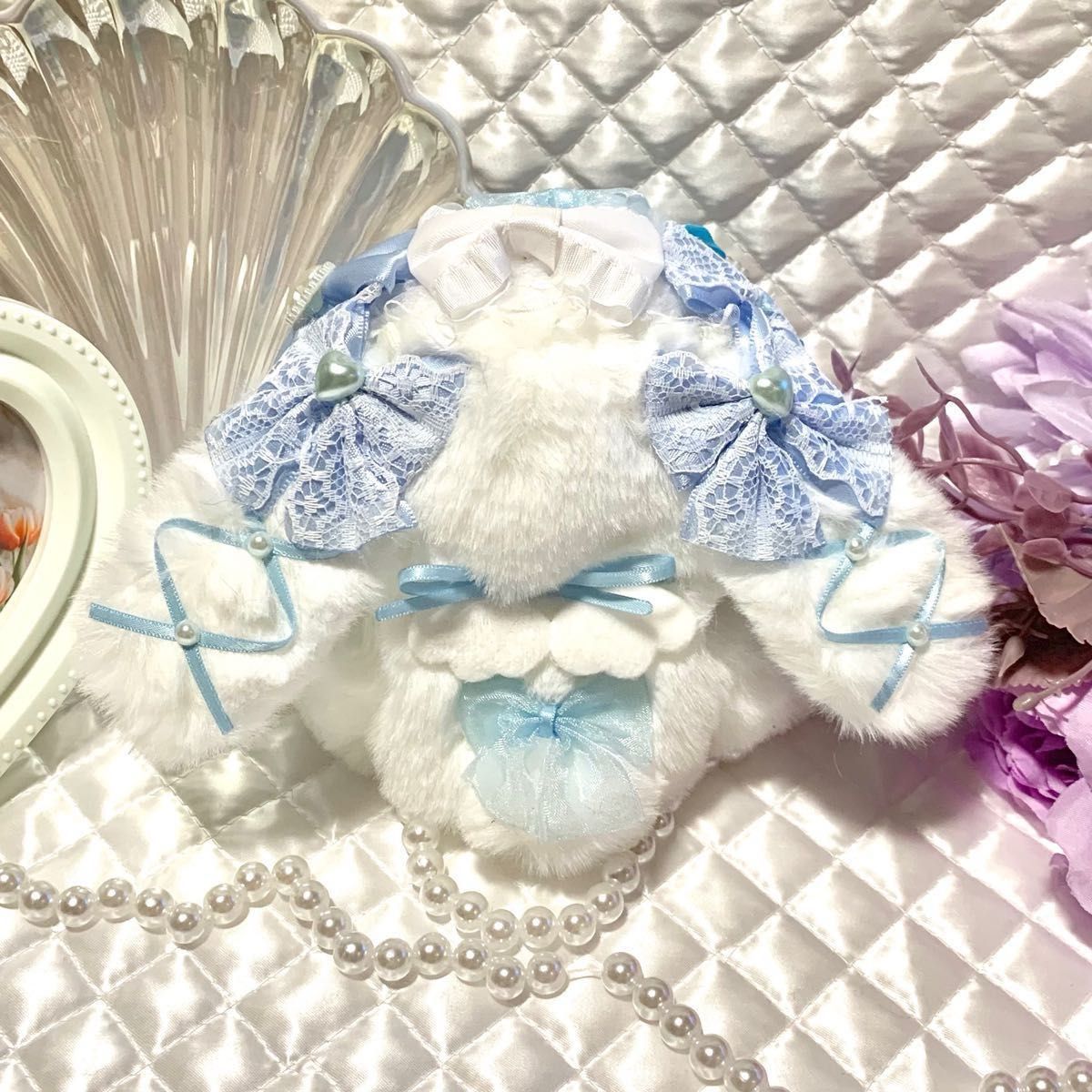 おすわりぬい服 ぬい服 ハンドメイド 10cm にじぱぺ 白×水色 おすわりぬい服 ぬい服 ハンドメイド 10cm にじぱぺ 白×水色
