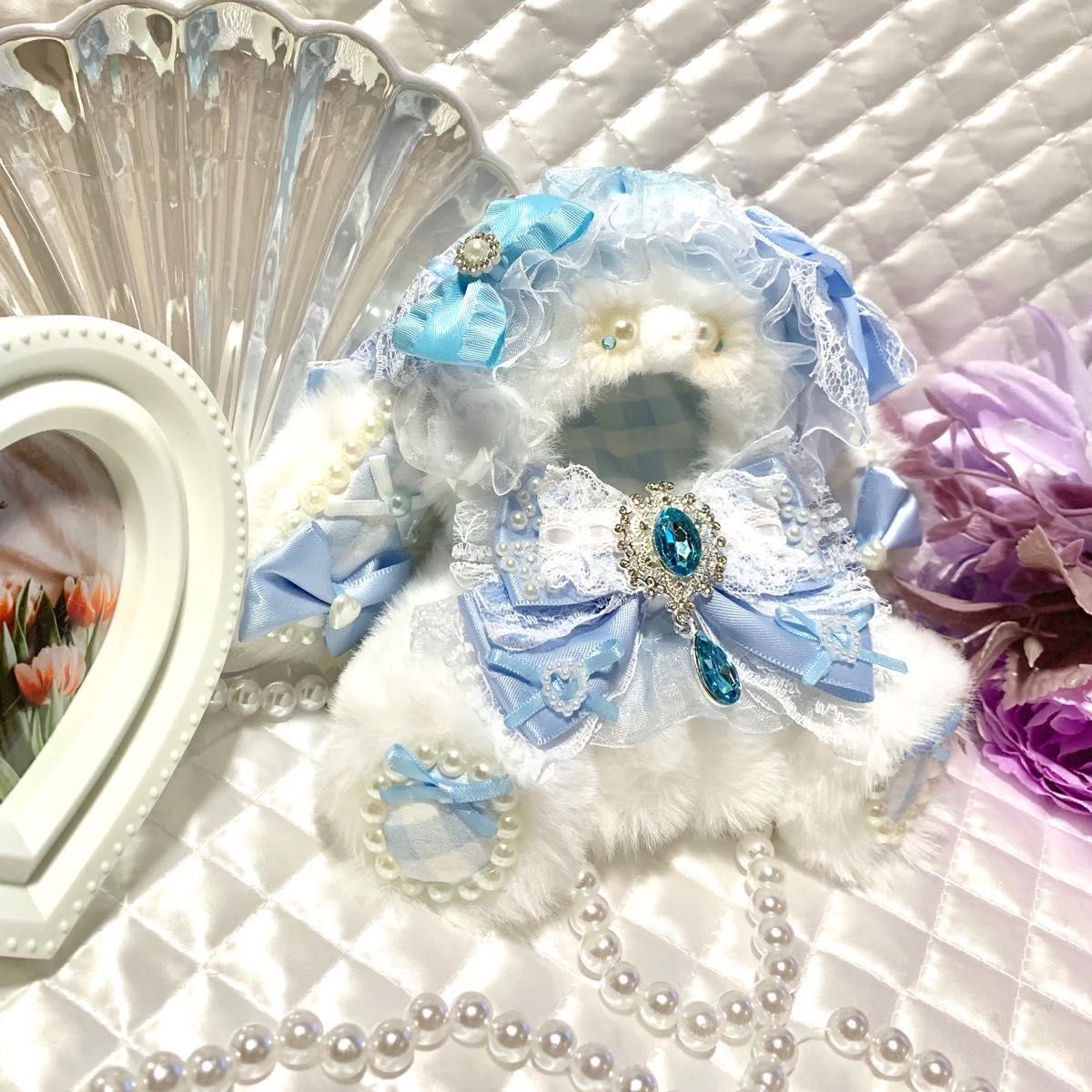 おすわりぬい服 ぬい服 ハンドメイド 10cm にじぱぺ 白×水色 おすわりぬい服 ぬい服 ハンドメイド 10cm にじぱぺ 白×水色