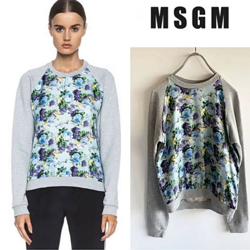 MSGM エムエスジーエム マルチプリント シルク切替クルーネックスウェット グレー XS / イタリア製 花柄プリント ラグランスリーブ_画像1