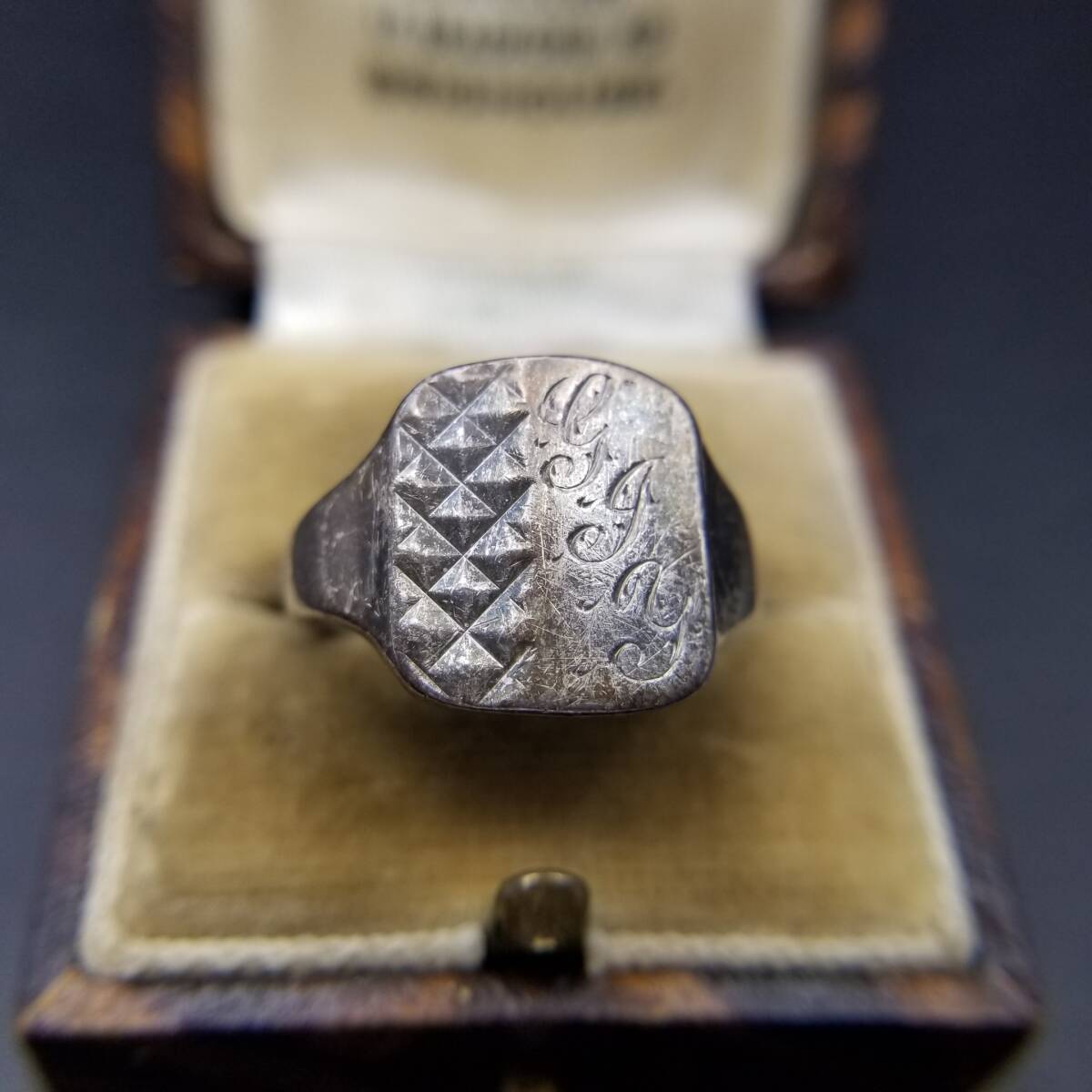 1979年 英國 ヴィンテージ イニシャルレター GJY ダイヤカット 925 シルバー シグネット リング 銀 指輪 Birmingham ホールマーク Y22-V
