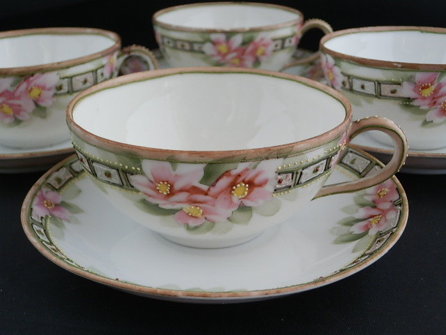  Old Noritake * pink flower pattern peak up hand .. cup & saucer 4 set 
