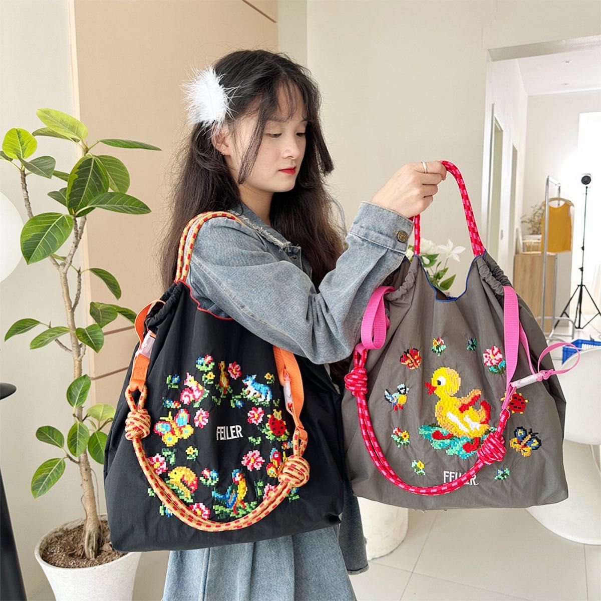 Ball&Chain フェイラー Mサイズ 黒 エコバッグ 刺繍 軽量 大容量 Ball&Chain フェイラー Mサイズ 黒 エコバッグ 刺繍 軽量 大容量