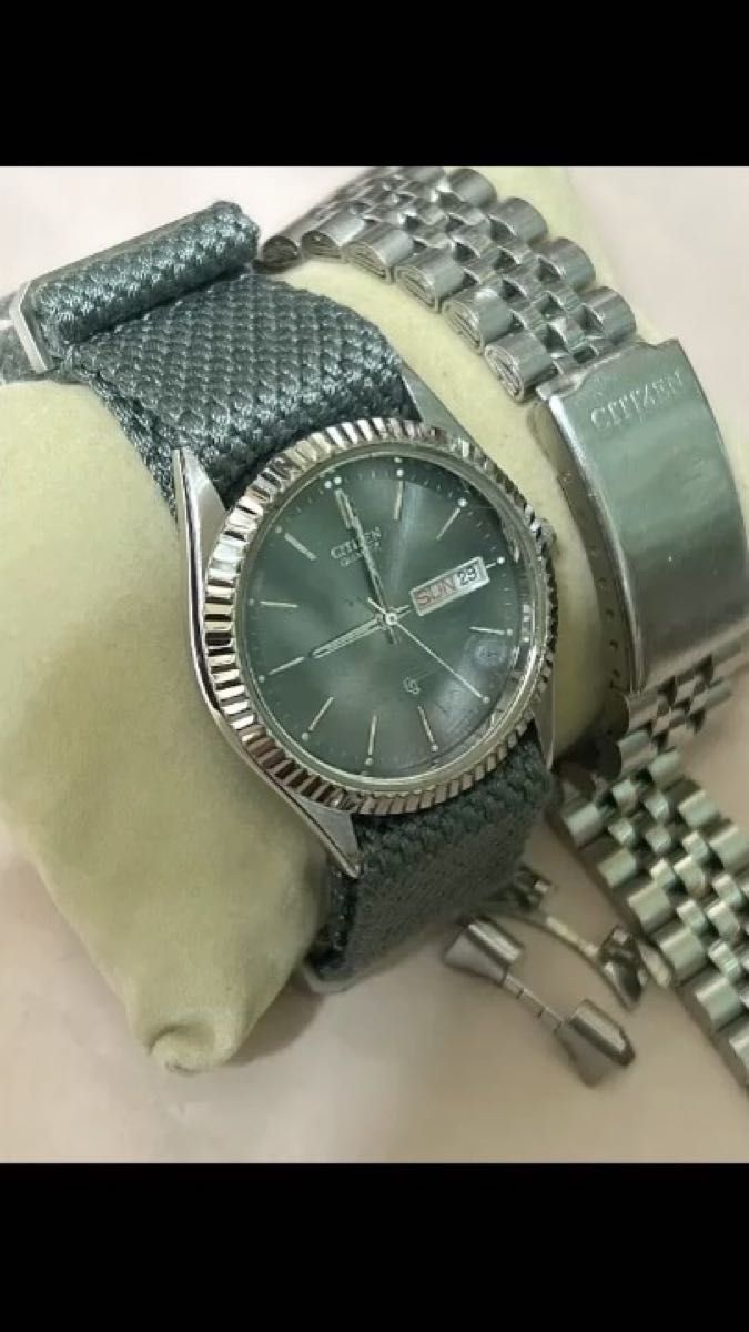 整備済み 1980年代 CITIZEN 6100 CQ ベルト2本(純正ベルト+NATOベルト) 電池交換済み 稼動品 希少 ユ