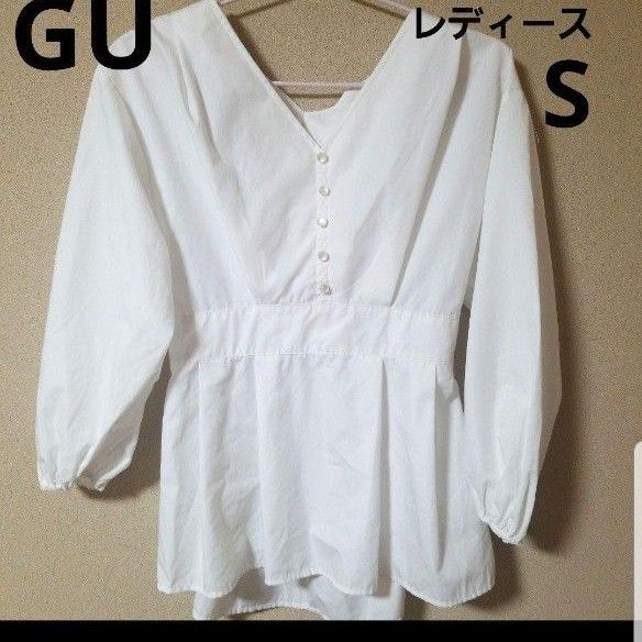 GU ホワイト Vネックボリュームスリーブブラウス レディース S GU ホワイト Vネックボリュームスリーブブラウス レディース S